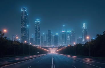 Aufkleber - Suzhou China night city view with modern skyscrapers lights, asphalt road. Downtown urban cityscape, modern tech architecture. Night highway, transportation, travel business concept.