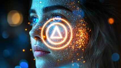 Poster - The young woman gazes forward, her face adorned with luminous patterns and glowing symbols, creating an eye-catching visual effect in a dark environment.