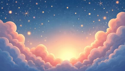 Aufkleber - Cartoon illustration of starry sky. Pink clouds in sunset sunrise light. Anime-style night sky with stars, sparkles. Beautiful hand-painted background for dream, fantasy, magic fairytale projects.