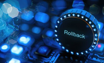 Poster - Futuristic Rollback Button on a Glowing Circuit Board High Tech Digital Technology Concept