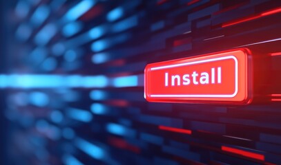 Poster - Red glowing Install button on a digital background Perfect for software download concepts