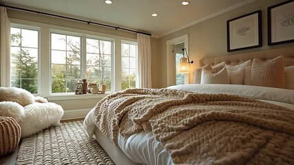 Aufkleber - This warm and inviting bedroom filled with natural light, featuring soft textiles and neutral tones.