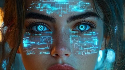Poster - A young woman stands in a sci-fi environment where her face displays intricate holographic technology patterns and blue glowing elements.