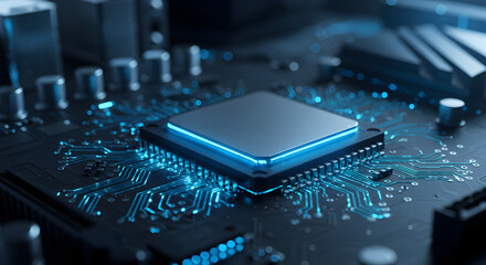 Poster - Illuminated Microchip on Circuit Board Close Up with Blue Light