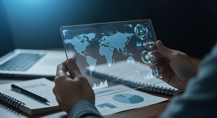 Poster - Holding Transparent Tablet Displaying Global Map Overlying Business Documents in Dark Setting