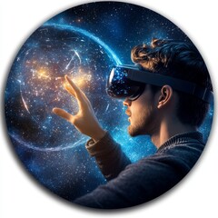 Wall Mural - Man Wearing VR Headset Interacting with Virtual Space