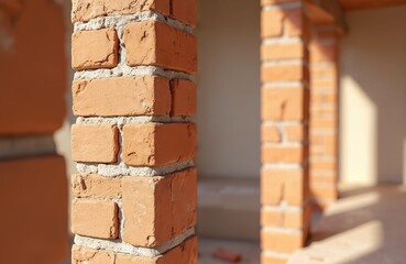 Poster - Red brick wall construction between rooms. New house building process. Masonry made of fired clay bricks, building material with cement. Home renovation, architecture.