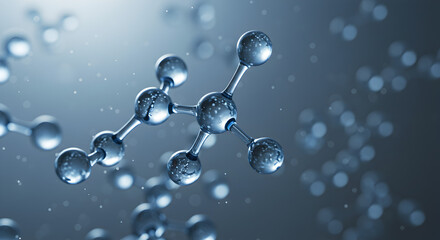 Poster - Detailed Three Dimensional Molecular Structure with Shiny Blue Spheres and Particles in Scientific Research and Medical Field