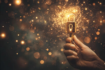 Poster - Unlocking Digital Security: A Hand Holds a Glowing Key-Shaped Padlock