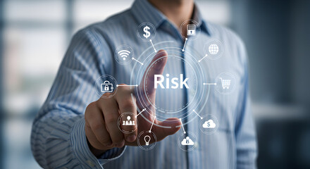 Poster - Man Touching Virtual Risk Management Interface in Blue Shirt with Blurred Background