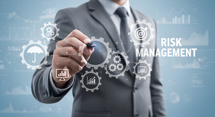 Poster - Man in Gray Suit Writing Risk Management Concept Overlaid on Gears and Business Icons on Blue