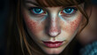 © Sara - A woman with freckles and blue eyes looks directly at the camera.