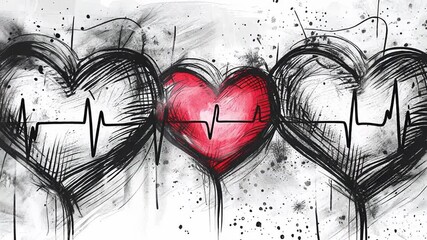 Poster - This piece showcases three distinct hearts, with the center heart highlighted in red, against a textured backdrop featuring a heartbeat line, conveying a blend of love and vitality.