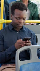 Poster - Phone, thinking and travel with black man on bus for public transportation to city destination. App, social media and text message with passenger person in vehicle for commute, journey or trip