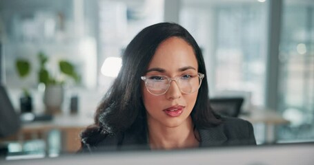 Poster - Business, thinking and woman in office, computer and glasses with online reading, ideas and accounting. Person, employee and financial advisor in workplace, pc and eyewear with research for economy