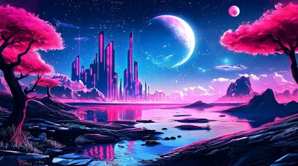 Wall Mural - experience a breathtaking futuristic skyline illuminated by neon lights.