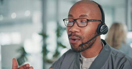 Leinwandbilder - Customer service, business and happy black man in office with headset for talking, online help and consulting. Corporate, professional and person for communication, crm support and virtual assistant