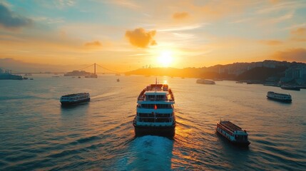 Poster - Ferry transporting vehicles across wide river during golden hour