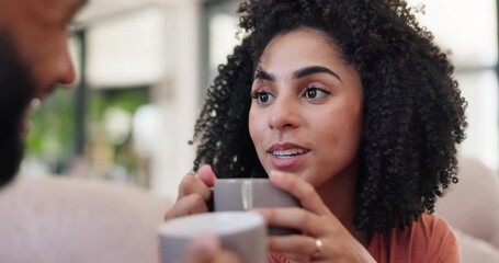 Poster - Couple, coffee and conversation to relax on sofa in home living room with listening, chat and connection. Happy woman, man and tea cup with talking, love and bonding with care at house in Colombia