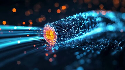 Poster - Closeup of a fiber optic cable connector transmitting light through fibers in a dark setting, Closeup of a fiber optic cable connector, transmitting data streams, illuminated by blue light