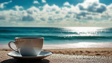 Wall Mural - Enjoying morning coffee by the beach with a stunning ocean view under a bright sky, Coffee cup on a table by the beach with ocean view and sunny sky Relaxing seaside concept