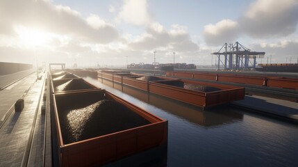Poster - Open-top containers with visible bulk material inside at port facility