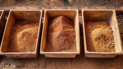 Poster - Raw copper ore piled in containers awaiting refinement at mine site