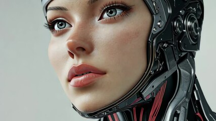 Poster - Cyborg fashion closeup highlights futuristic design and human-like features in modern art, Female cyborg fashion profile close-up