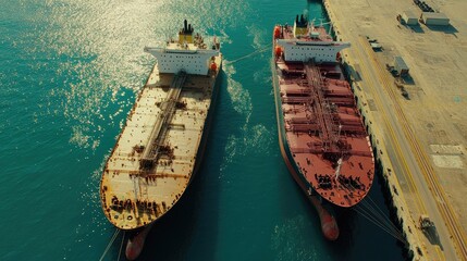 Poster - Tanker and cargo ship berthed side-by-side at industrial shipping terminal