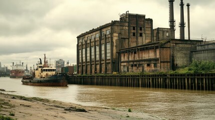 Poster - Tanker and cargo ship berthed side-by-side at industrial shipping terminal