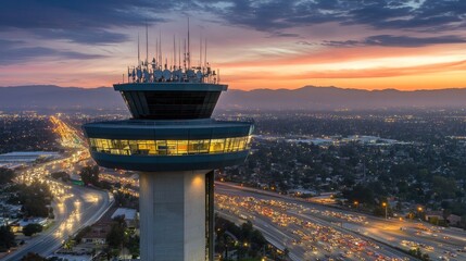 Poster - Traffic control tower overlooking busy multilane highway at dusk