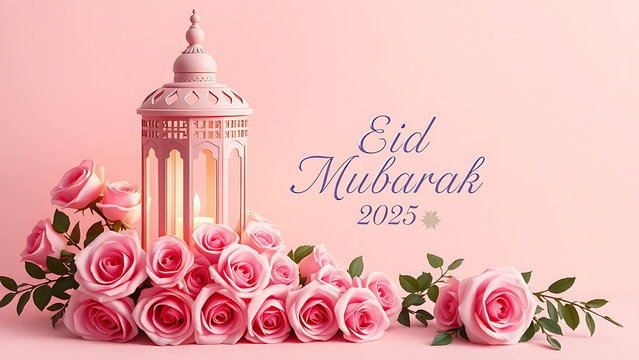 Eid al-Adha 2025 concept,pink roses and Pink Lantern on royel blue background Eid mood