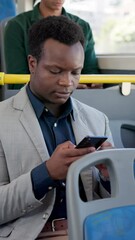 Poster - Business, man and travel with phone on bus for communication, public transport and social media. Male passenger, mobile and email feedback of morning commute, schedule update and message notification