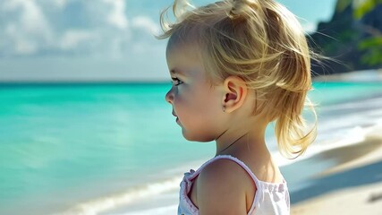Wall Mural - Little girl enjoying a summer day at the beach with blue water and gentle waves, a little girl on the beach in summer, blue water sea and white sand video in background