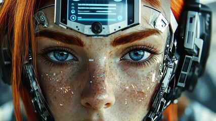 Poster - Cinematic close up portrait of a female cyborg with striking blue eyes and intricate metallic details, Female cyborg portrait cinematic close up zoom