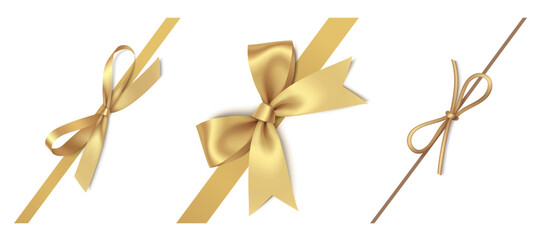 Wall Mural - set of wonderful diagonally decorative christmas golden bow with ribbon or rope, isolated on white. 