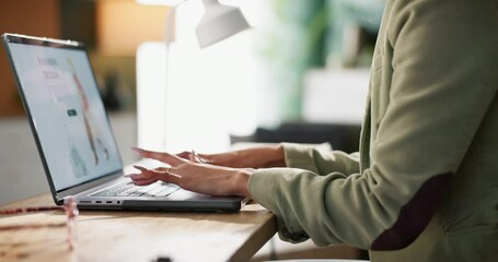 Poster - Hands, home and laptop on sofa with website for social media or online ebook or networking. Woman, living room and internet or news app for entertainment, communication and post with screen reading