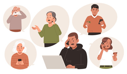 phone scammer makes calls to his victims, tricking them into transferring money. vector illustration