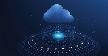 Leinwandbilder - Cloud computing concept. Cloud storage with data protected exchange Cloud computing, big data center, on dark blue background.Cloud Technology illustration concept.	