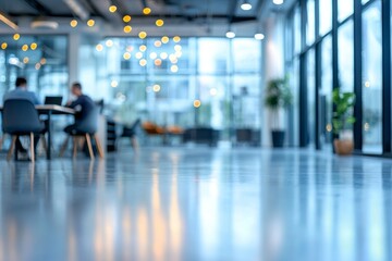 Poster - In a modern office setting filled with natural light, individuals converse at a table while lush plants and soft lighting create an inviting atmosphere for collaboration and creativity