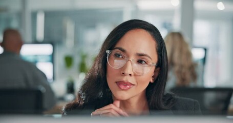 Poster - Business, thinking and woman with choice, computer and glasses with online reading, email and accounting. Person, employee and financial advisor with pc, feedback or eyewear with research for economy