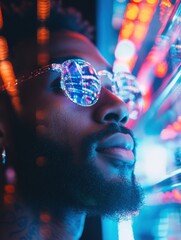 Aufkleber - Cyberpunk Microvolunteering Day Immersive Digital Culture Portrait with Holographic Sunglasses - Urban Tech Innovation and Emotional Connection in Next-Gen Community Engagement