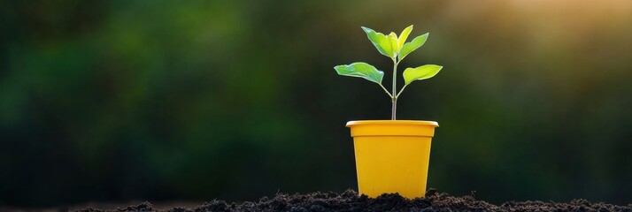 Poster - Regenerative Future Minimalist Yellow Eco-Pot Nurturing Young Seedling - Urban Green Living, Sustainability Innovation and Climate Resilience Visual Narrative