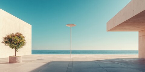 Aufkleber - Minimalist Coastal Urban Design Sleek Architectural Landscape with Sculptural Street Lamp, Tranquil Oceanfront Visualization for Contemporary Spatial Planning