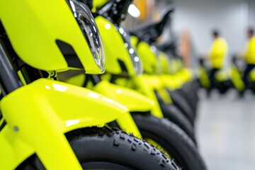 Poster - Urban Mobility Revolution Vibrant Lime-Green Electric Delivery Bikes Showcasing Sustainable Last-Mile Logistics Innovations for Climate-Conscious Cities