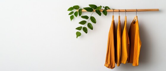Poster - Minimalist Sustainable Wardrobe Earthy Ochre Organic Garments Showcasing Conscious Fashion Design with Botanical Accent - Eco-Friendly Lifestyle Aesthetic