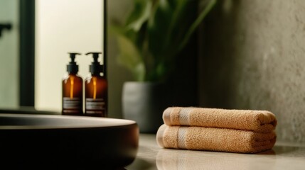Poster - Minimalist Bathroom Wellness Sustainable Self-Care Ritual with Earthy Amber Bottles and Soft Organic Towels - Modern Mindfulness Aesthetic