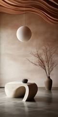 Poster - Minimalist Sculptural Interior Organic Curved Furniture and Wabi-Sabi Aesthetic Exploring Fluid Design, Neutral Tones, and Architectural Stillness in Contemporary Home Styling