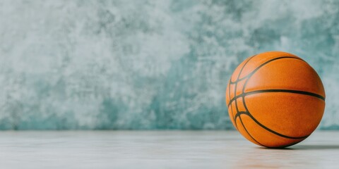 Poster - Dynamic Sports Visualization Minimalist Basketball Concept with Textural Blue-Gray Background - Immersive Athletic Branding and Digital Marketing Imagery