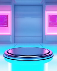 Fototapete - Futuristic Tech Podium Sleek Chrome Display Platform for Innovative Biohacking and Digital Wellness Marketing Visualizations